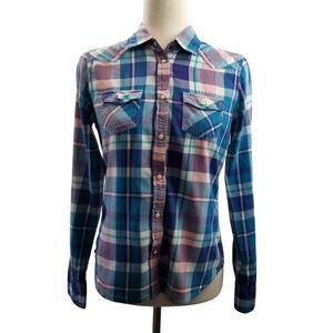 American Eagle Outfitters   Blue Pink Flannel Snap Front Western Shirt SP